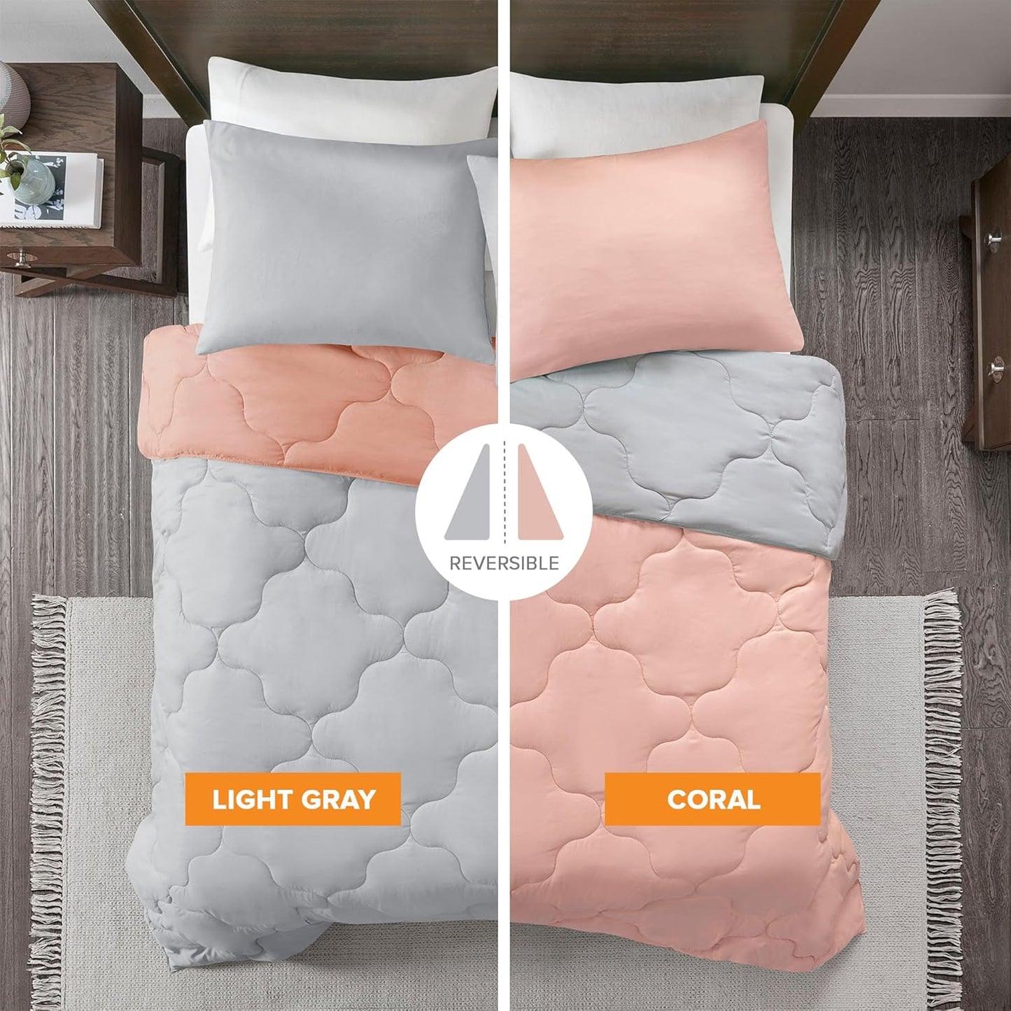 Comfort Spaces Vixie Reversible Comforter Set, Twin/Twin XL 2 Piece, Coral/Gray, Trendy Geometric Quilted Cover