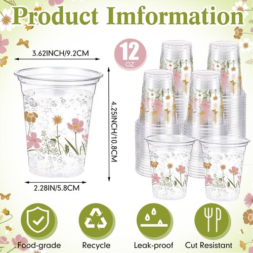 Hushee 60 Pcs Boho Floral Cups with Spring Summer Flower 16 oz Wildflowers Plastic Disposable Drinking Cups for Summer Spring Autumn Birthday Baby Shower Party Supplies