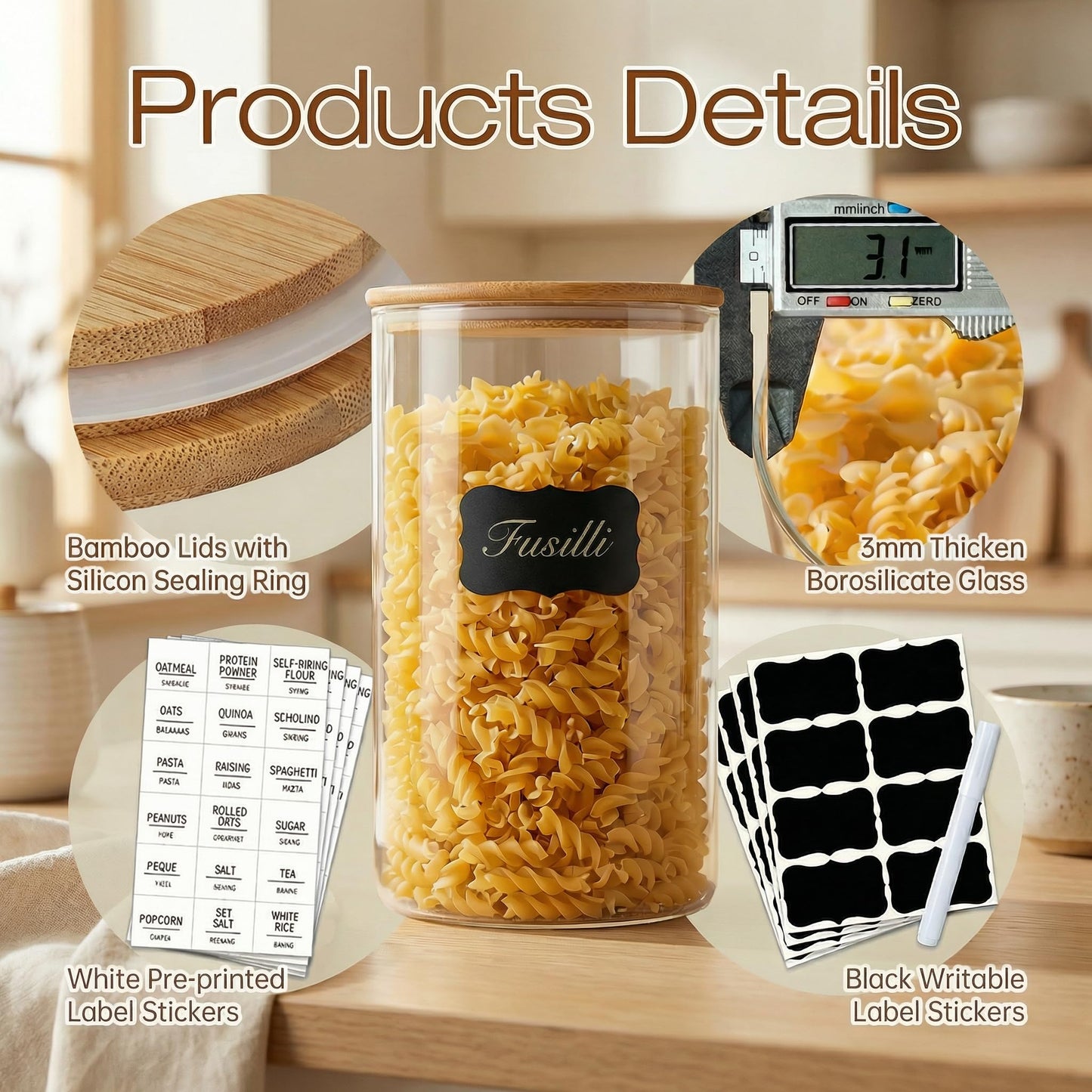 HomArtist 17oz - 4 Pack Glass Jars with Bamboo Lids, Glass Food Storage Containers with Airtight Lids, Air Tight Pantry Storage Containers for Coffee, Sugar, Spice, Meal Prep Jars for Salad & Fruit