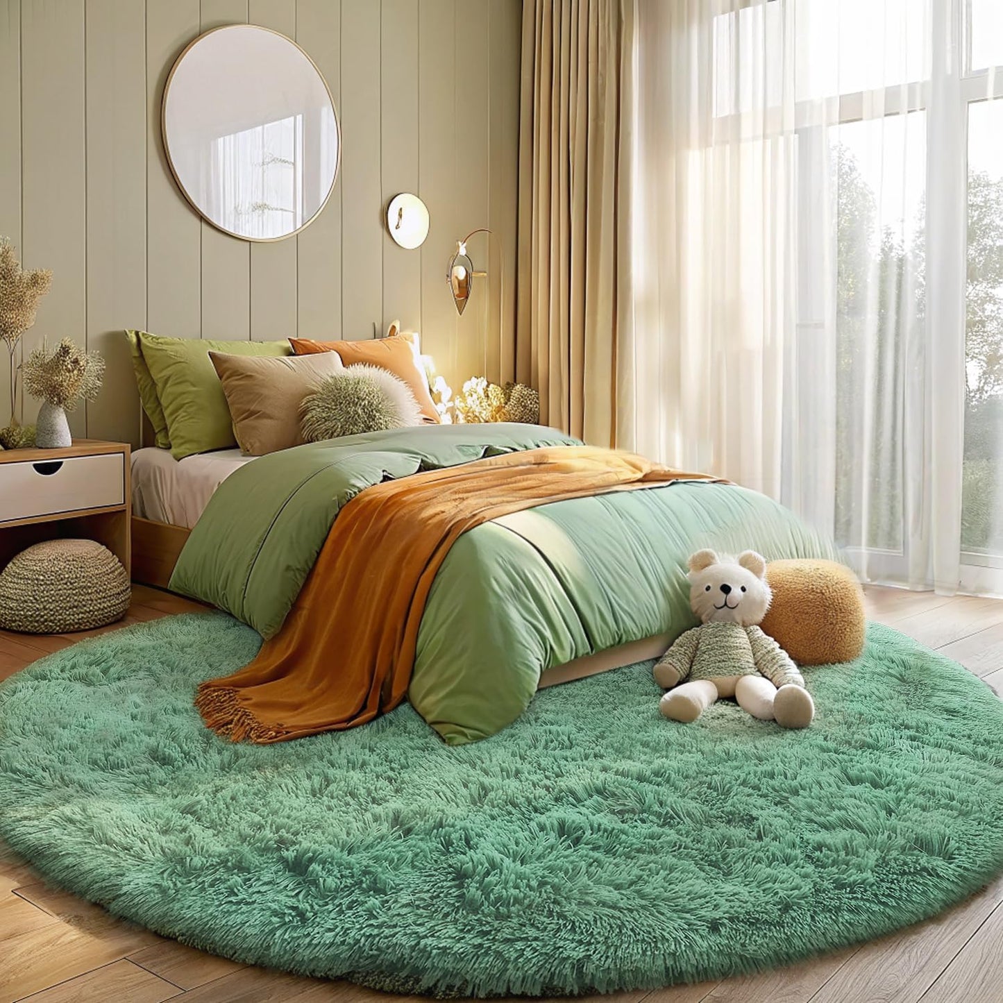 OLANLY Mint Green Round Area Rug - Soft, Fluffy, Machine Washable 5 ft Circle Carpet for Bedrooms & Nurseries