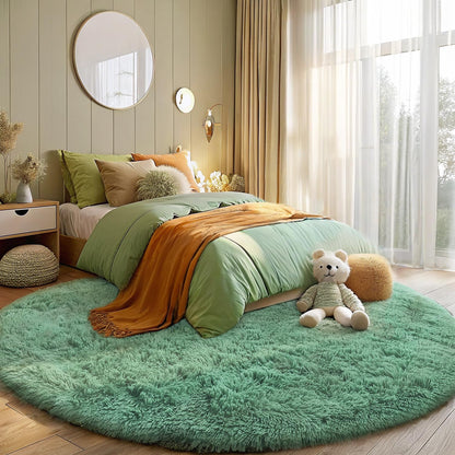 OLANLY Mint Green Round Rug - Soft, Fluffy Shaggy Carpet | 8 ft Machine Washable Area Rug for Bedroom & Living Room Decor
