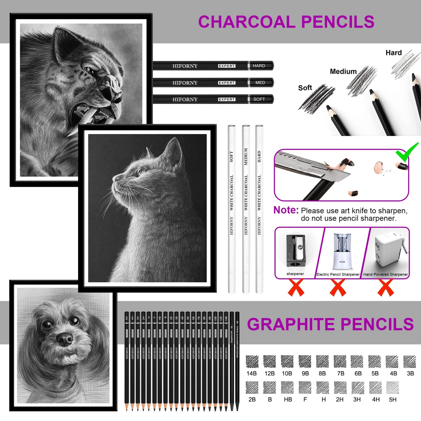 HIFORNY 60 Pcs Drawing Kit Sketching Pencil Set,Sketch Pencils Art Supplies with 3-Color Sketchbook,Graphite,Charcoal,Drawing Pencils for Adults Artists