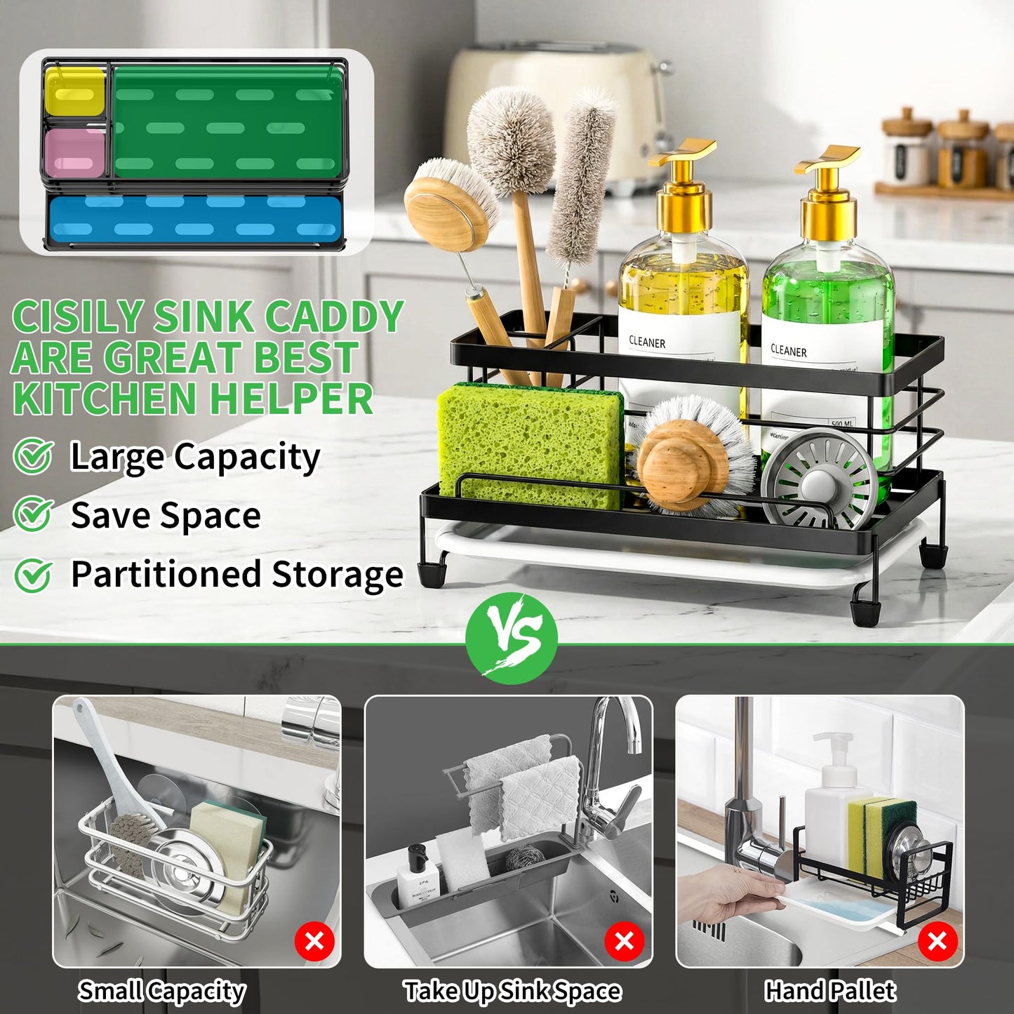 Cisily Black Sponge Holder for Kitchen, Sink Caddy Sink Organizer Rack for Kitchen Accessories with Drip Tray, Rustproof and Non-slip, Soap Dispenser Countertop Organizer Essentials for New Home