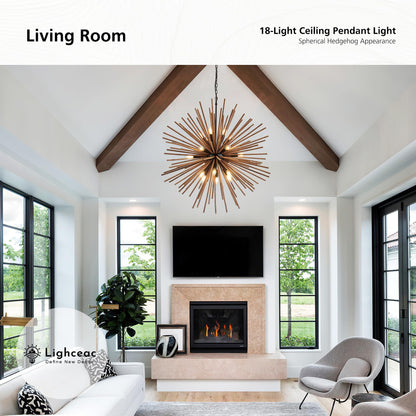 lighceac 37.4" Farmhouse Sputnik Chandelier for Dining Room Rustic Handmade Natural Wood 18-Light Hanging Ceiling Pendant Light Fixture Starburst Wood Chandeliers for Kitchen Bedroom Foyer Hallway