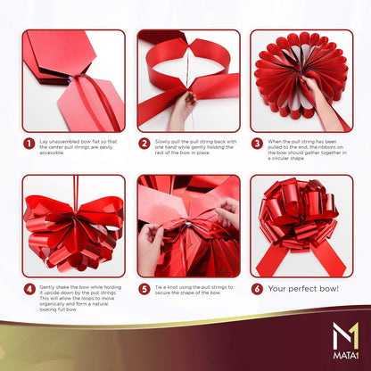 Mata1-USA Huge Shiny Red Car Bow - 18 Inch Gift Wrapping Bow for Large Decorations | 20 Loops & 4 Stickers