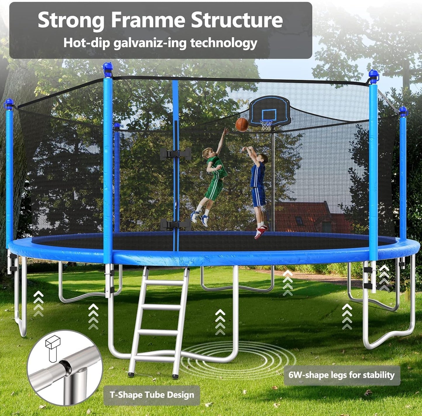 Lyromix Upgraded 16FT Trampoline with Lights, Large Outdoor Trampoline with Sprinkler,Basketball Hoop and Net, Capacity for 5-8 Kids and Adults, Classic Blue