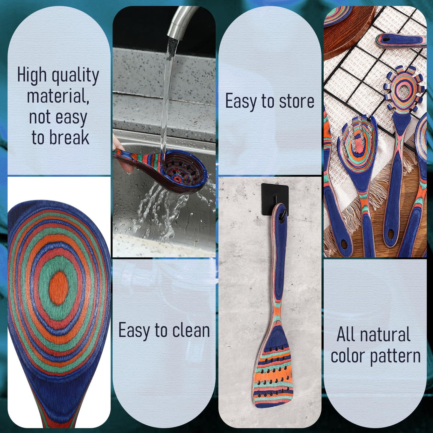 Teenyyou 9 Pcs Blue Rainbow Pakkawood Kitchen Utensils Wooden Spoons for Cooking Pakkawood Soup Ladle Deep Spoons Set Wood Non Stick Utensils with Long Handle for Kitchen Household Womnn Gifts Tools