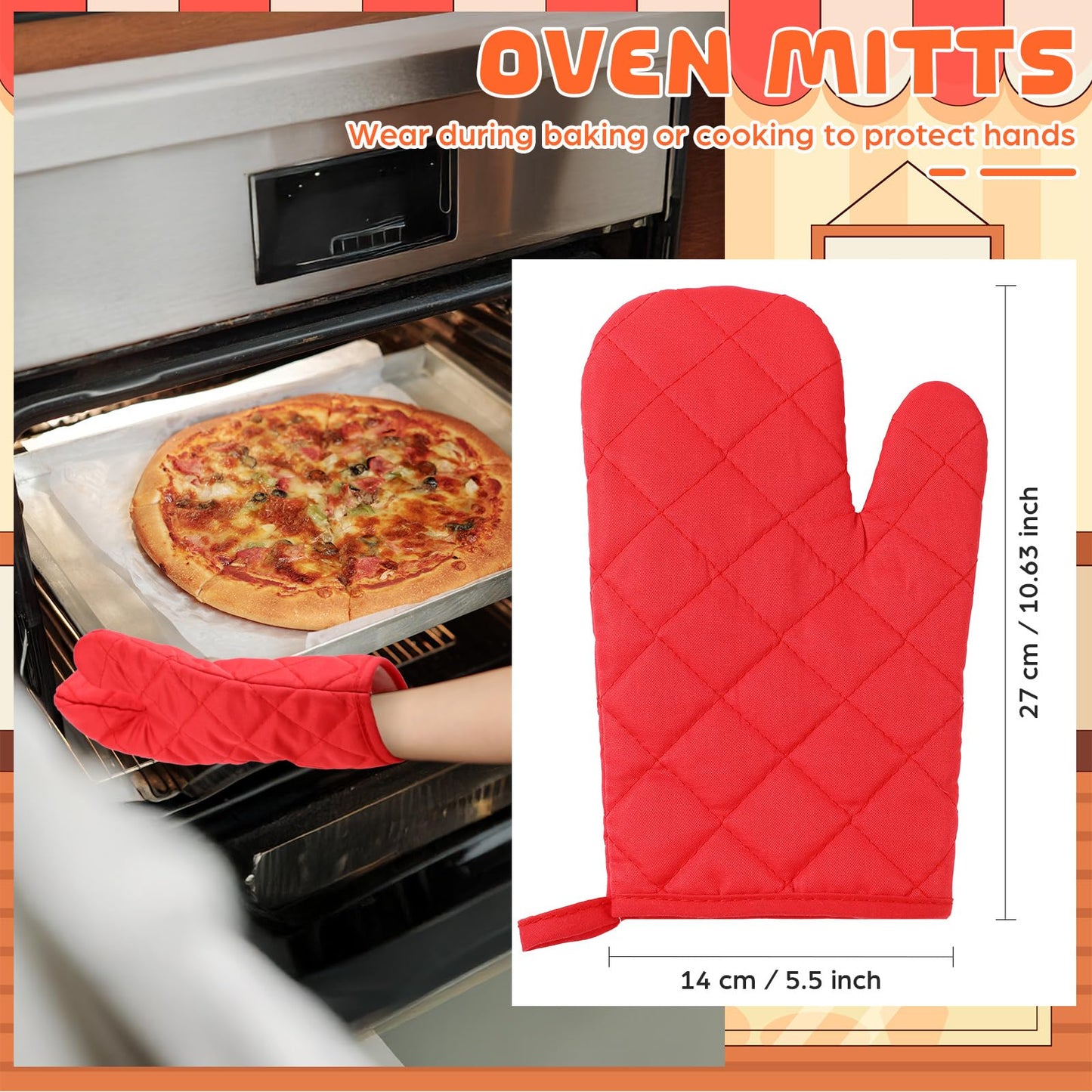 6 Pairs Heat Resistant Oven Mitts Kitchen Oven Gloves 11 Inch Long Quilted Cotton Polyester Kitchen Gloves for Cooking, Baking, Grilling BBQ (Red)