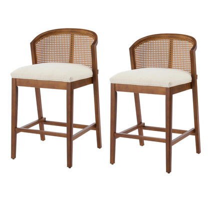 Christopher Knight Home JENA Rattan Counter Stools Set of 2, Counter Height Bar Stools for Bar Table, Rubberwood Frame with Upholstered Barstools, Wood Accent Chair with Footrest, Beige + Walnut