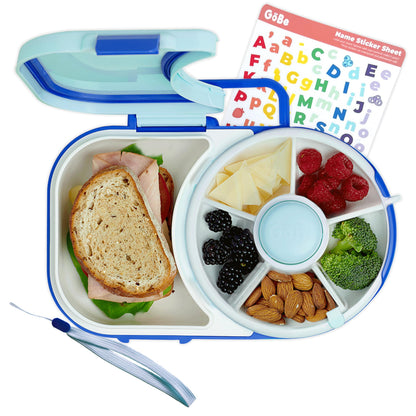 GoBe Kids Lunchbox with Small Snack Spinner Flip - Bundle with Hand Strap & Sticker Sheet, 2-in-1 Bento Style Lunch Container, 5 Small +1 Large Sandwich Compartment, BPA & PVC Free- Macaron Blue