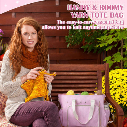 Klyyo Clyro Large Crochet Tote Bag Seersucker Knitting Bag Yarn Storage Tote 15 x 12 Inch Cotton Pink Stripe Crochet Hooks Knitting Accessories Organizer Holder with Zipper for Women DIY Lovers Gift