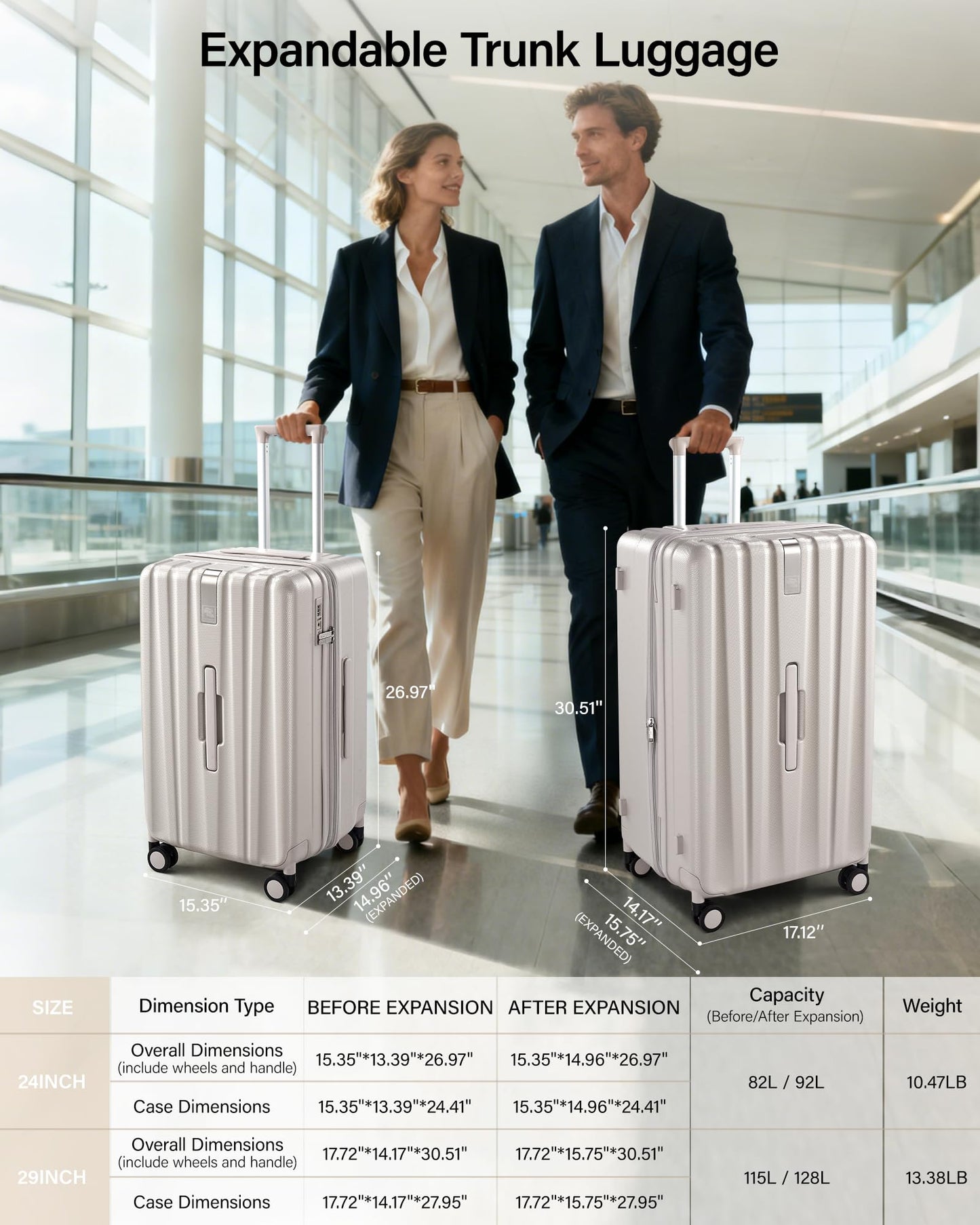 Hanke 24 Inch Plus Expandable Luggage Large Suitcases with Wheels, Medium Checked Luggage Hard Shell Suitcases, PC Trunk Luggage Extra Large Suitcase with Lock for Women Men(Ivory White)