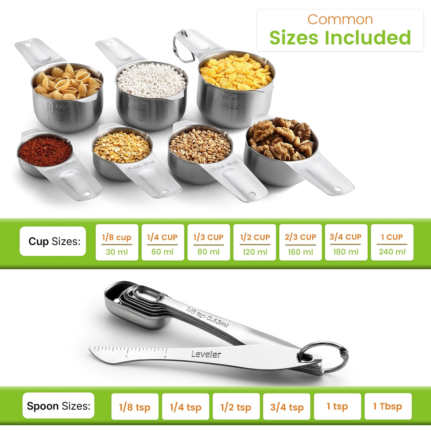 Spring Chef Stainless Steel Measuring Cups and Spoons Set of 14 with Leveler, Nesting Kitchen Metal Measuring Cups and Spoons Set for Dry and Liquid Ingredients, Perfect for Cooking & Baking
