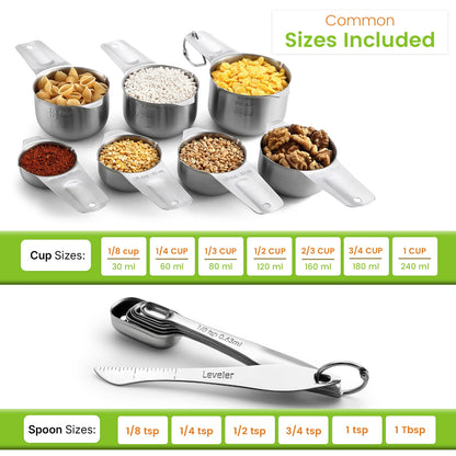 Spring Chef Stainless Steel Measuring Cups and Spoons Set of 14 with Leveler, Nesting Kitchen Metal Measuring Cups and Spoons Set for Dry and Liquid Ingredients, Perfect for Cooking & Baking