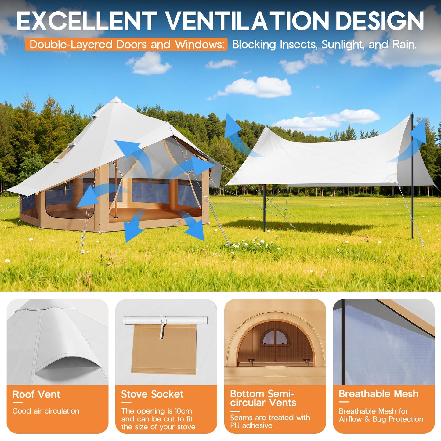 SPECRAFT Canvas Bell Tent for Camping, Waterproof Glamping Yurt Tent with Canopy & Stove Jack, Breathable Mesh 4-Season Family Shelter for Outdoor Camping, Parties, 8–10 Person