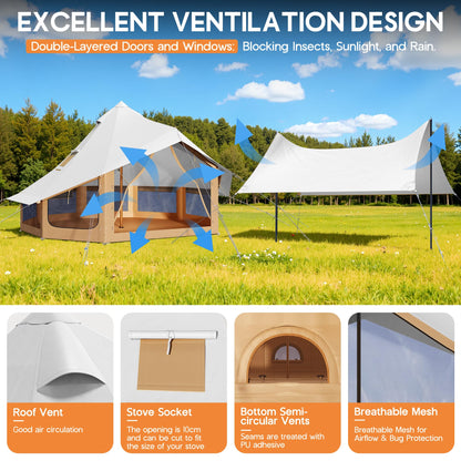 SPECRAFT Canvas Bell Tent for Camping, Waterproof Glamping Yurt Tent with Canopy & Stove Jack, Breathable Mesh 4-Season Family Shelter for Outdoor Camping, Parties, 8–10 Person