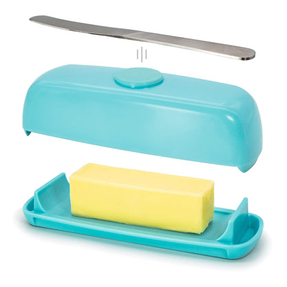 Butter Hub Plastic Butter Dish with Lid and Knife - Mothers Day Gift, Covered Dish Keeper with Magnetic Knife Holder, Easy Scoop, No Mess Lid Container, Dishwasher Safe, BPA-Free - Aqua, US Regular