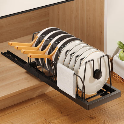 Mustorn Pots and Pans Organizer Under Cabinet, 21.6" Deep Pull Out Pot Lid Organizer Holder with Guardrail Adhesive Pot and Pan Holder Rack with 10 Adjustable Dividers-1 Pack(Black)