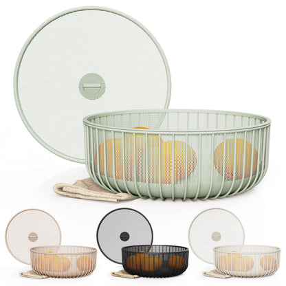 LIBKEN Metal Fruitbasket with Mesh Lid and Basket - Fruit and Vegetable Holder For Kitchen Counter - Countertop Display Baskets Organizer - Bowl Storage for Veggie, Fruits, Snack, and Banana - Green