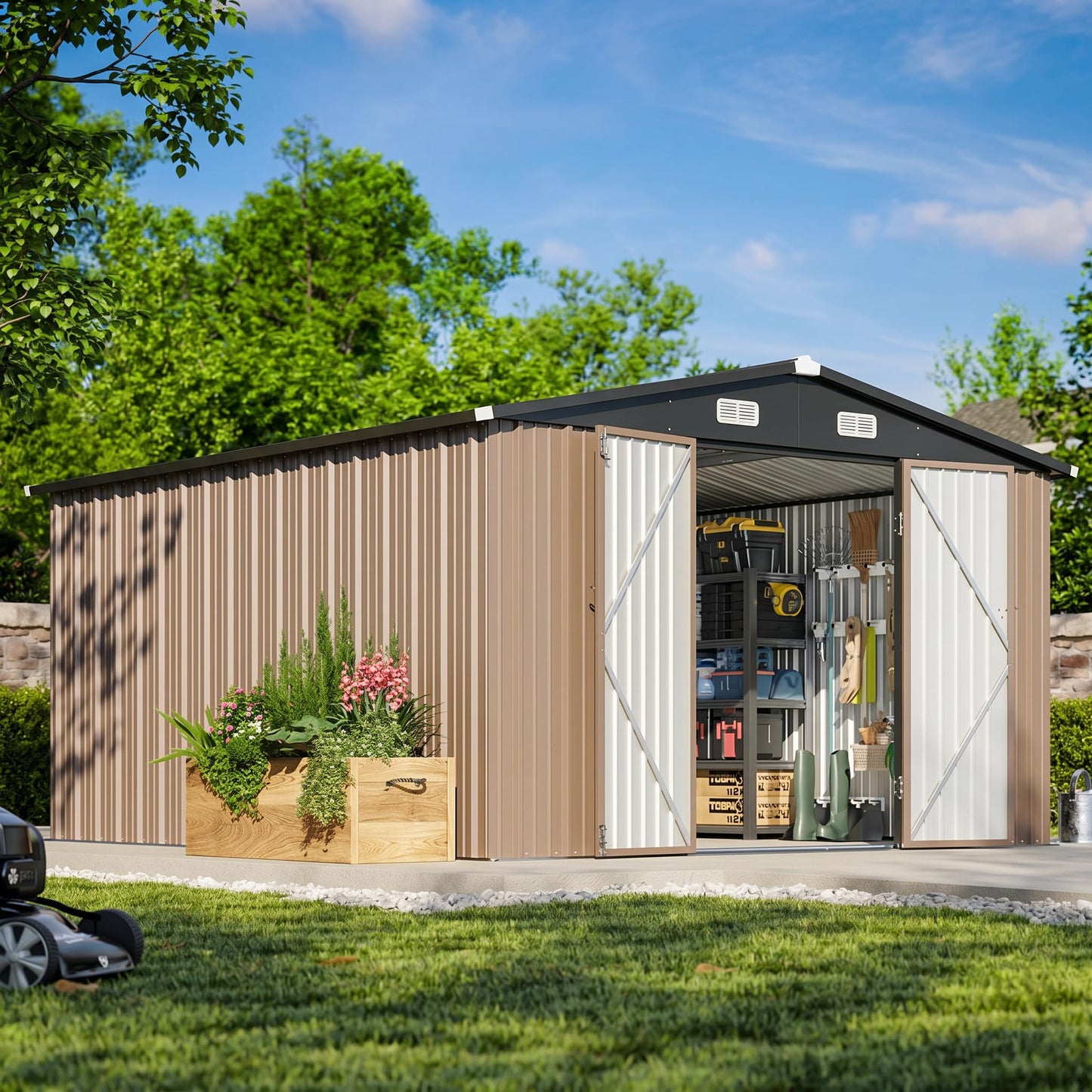 Aoxun 10 x 12FT Outdoor Storage Shed with Double Hinged Large Door Metal Sheds Outdoor Storage for Garden Utility Garden Shed with Lockable Door & Sloped Roof, Backyard, Patio and Backyard, Brown