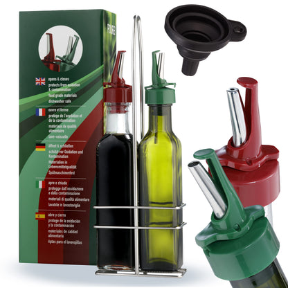 Poura Vinegar and Olive Oil Bottle Drizzler Set with ClickSeal BPA Free Pour Spouts | Glass Oil & Vinegar Dispenser Bottles for Cooking & Dining | Hygienic Covers + Silicone Decanter Funnel 250ml