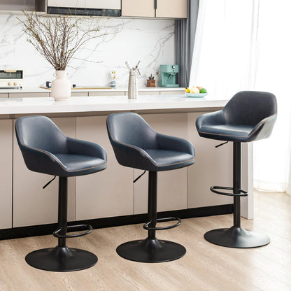 Glitzhome Bar Stools Set of 3, Adjustable Counter Height Bar Chairs with Back Support and Footrest, PU Leather Upholstered Swivel Bar Stools for Kitchen Island Dining Room Pub Home Bar, Navy Blue