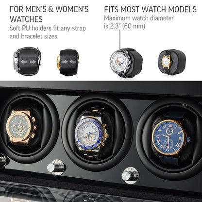 Watch Winder and Storage Box for Winding 3 Automatic Watches and 12 Watch Storage Space (Black+ Black)