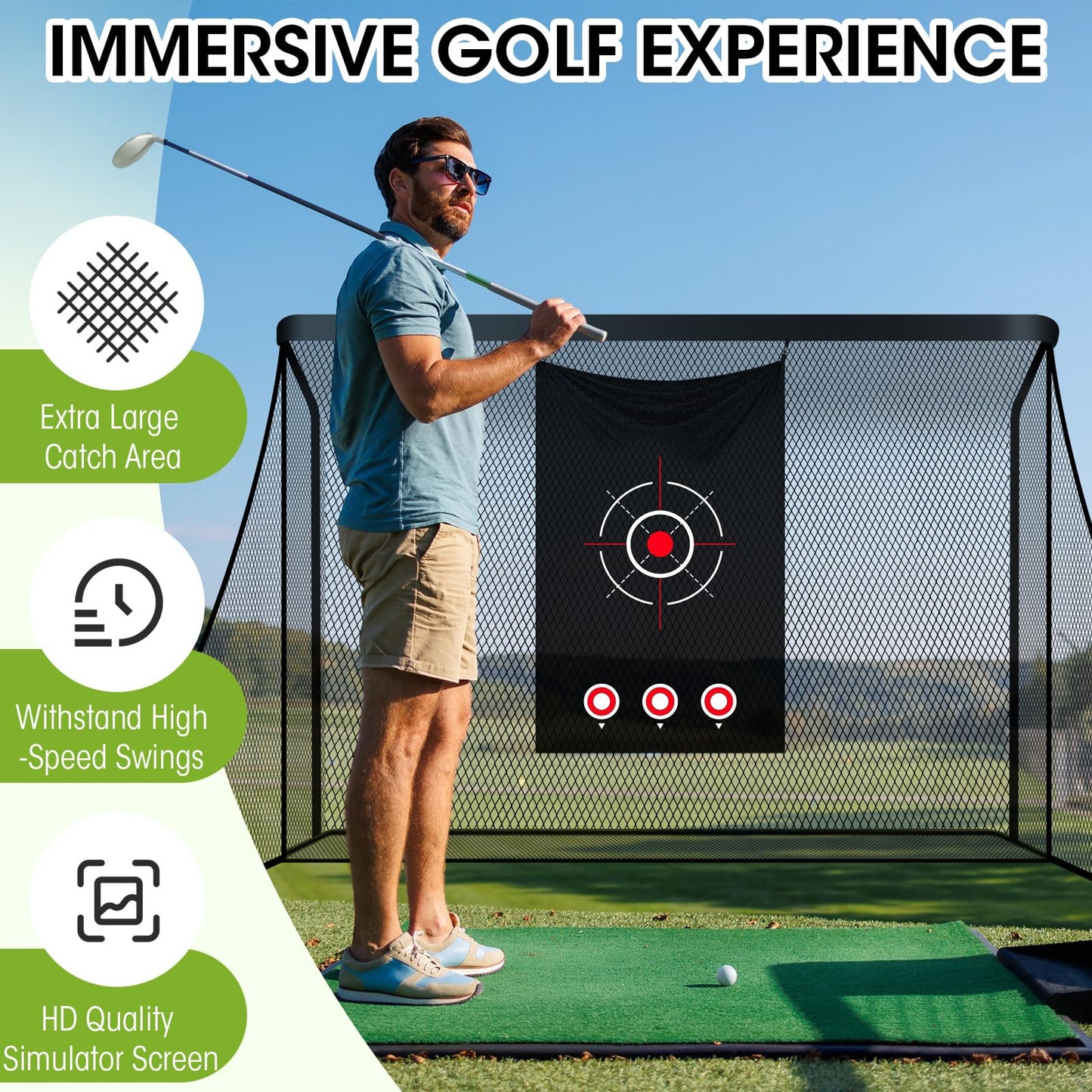 Silipull Golf Cage Net with Simulator Impact Screen Heavy Steel Frame with 2 Net Side Barriers HD Blank Impact Screen and Target Cloth Golf Simulators Enclosure for Home Indoor Outdoor(10 x 7 ft)