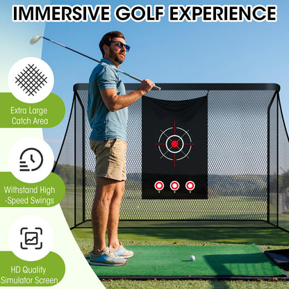 Silipull Golf Cage Net with Simulator Impact Screen Heavy Steel Frame with 2 Net Side Barriers HD Blank Impact Screen and Target Cloth Golf Simulators Enclosure for Home Indoor Outdoor(10 x 7 ft)