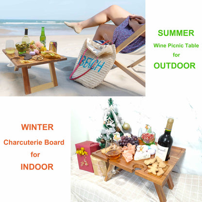 SASIDO Portable Wine Picnic Table, Acacia Wood, Larger Tray Foldable, Charcuterie Board, Wine Gift, Decor for Romantic Camping, Engagement Party, Concerts, Glamping, Winter Adventure