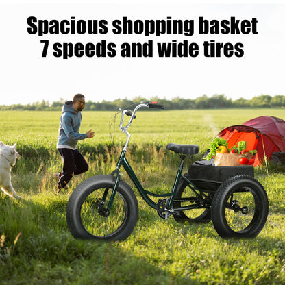 LEAQU 3 Wheel Bikes for Adults, 20 Inch Adult Tricycle, Three Wheel Bikes for Adults, 7 Speed Tricycle with Double Disc Brake, Fat Tire Bike with Spacious Shopping Basket, Black