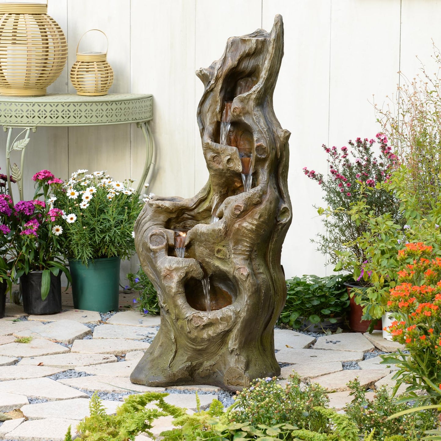 Sunlinua Water Fountain Outdoor 5-Tiers Large Cascading Realistic Tree Trunk Natural Waterfall Outdoor Fountains Resin Imitation Wood with LED Lights for Garden, Patio, Porch