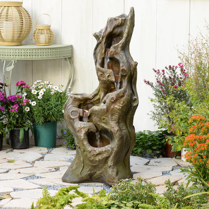 Sunlinua Water Fountain Outdoor 5-Tiers Large Cascading Realistic Tree Trunk Natural Waterfall Outdoor Fountains Resin Imitation Wood with LED Lights for Garden, Patio, Porch