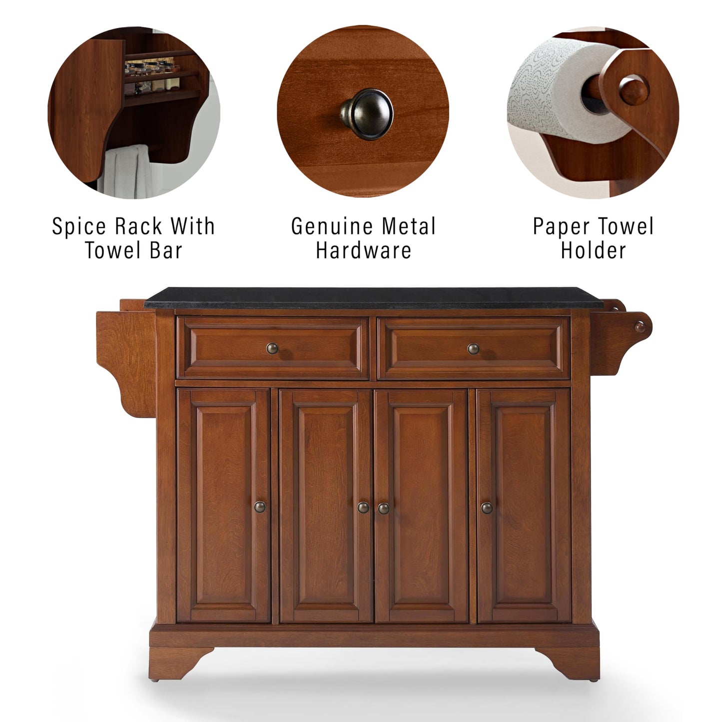 Crosley Furniture Lafayette Granite Top Rolling Kitchen Island Storage Cart, Microwave Stand, Spice Rack, Cherry