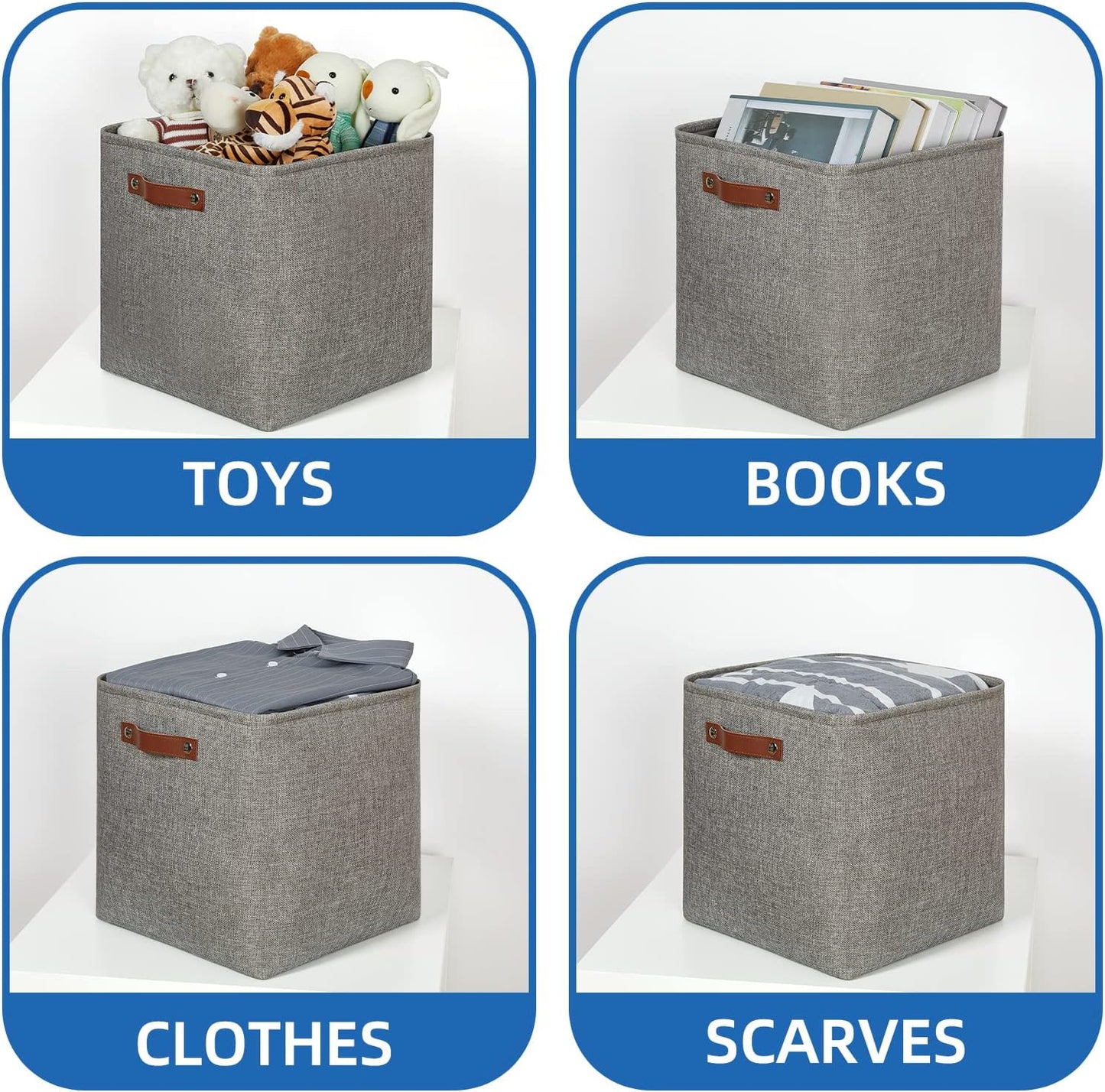 Temary 13 Inch Fabric Storage Baskets, Set of 4 Cube Bins for Home and Office with Leather Handles in Grey
