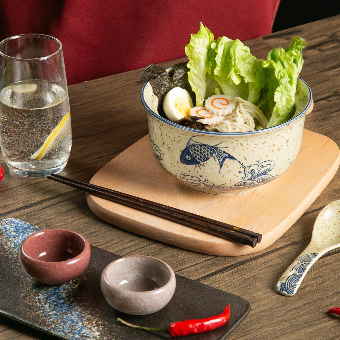 Niturceal Ceramic Ramen Bowl Set of 2, Ramen Noodle Bowl with Lid 27oz Japanese Retro Style Soup, Pho, Udon Bowls, Matching Spoons and Chopsticks for Microwave & Dishwasher Safe, Fish