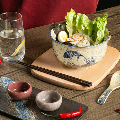 Niturceal Ceramic Ramen Bowl Set of 2, Ramen Noodle Bowl with Lid 27oz Japanese Retro Style Soup, Pho, Udon Bowls, Matching Spoons and Chopsticks for Microwave & Dishwasher Safe, Fish