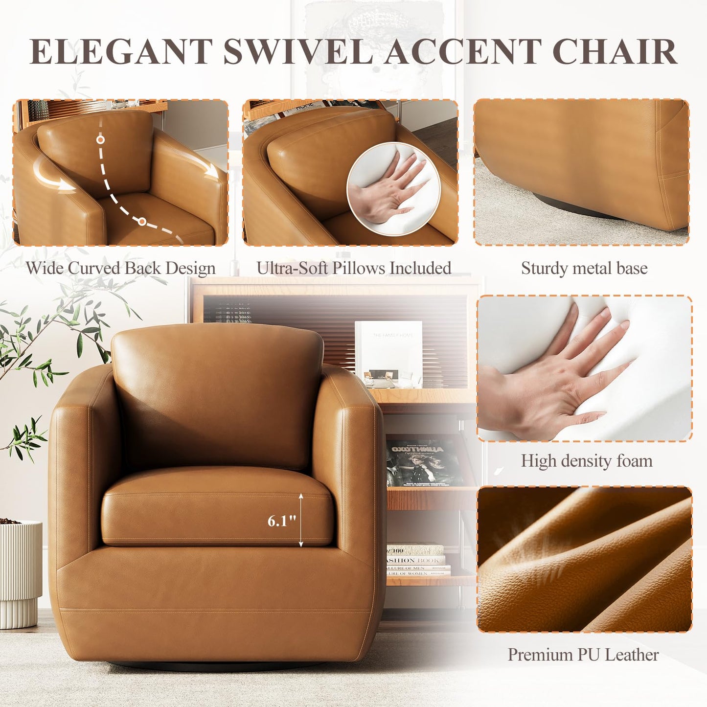 MALOL 360° Swivel Accent Chair Set of 2 with Pillow - Comfy Living Room Armchair No-Sag Foam & Sturdy Metal Base, Fully Assembled Swivel Accent Single Sofa for Bedroom Living Room, Office, Brown