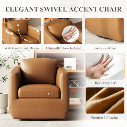 MALOL 360° Swivel Accent Chair Set of 2 with Pillow - Comfy Living Room Armchair No-Sag Foam & Sturdy Metal Base, Fully Assembled Swivel Accent Single Sofa for Bedroom Living Room, Office, Brown