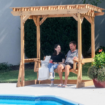 Backyard Discovery Callahan 8' x 5' Cedar Wood Outdoor Patio Pergola Swing Bench with Trellis, Two-Person Seating, Chains, Water Resistance, 600 Lb Weight Capacity for Porch, Patio, Deck, Garden