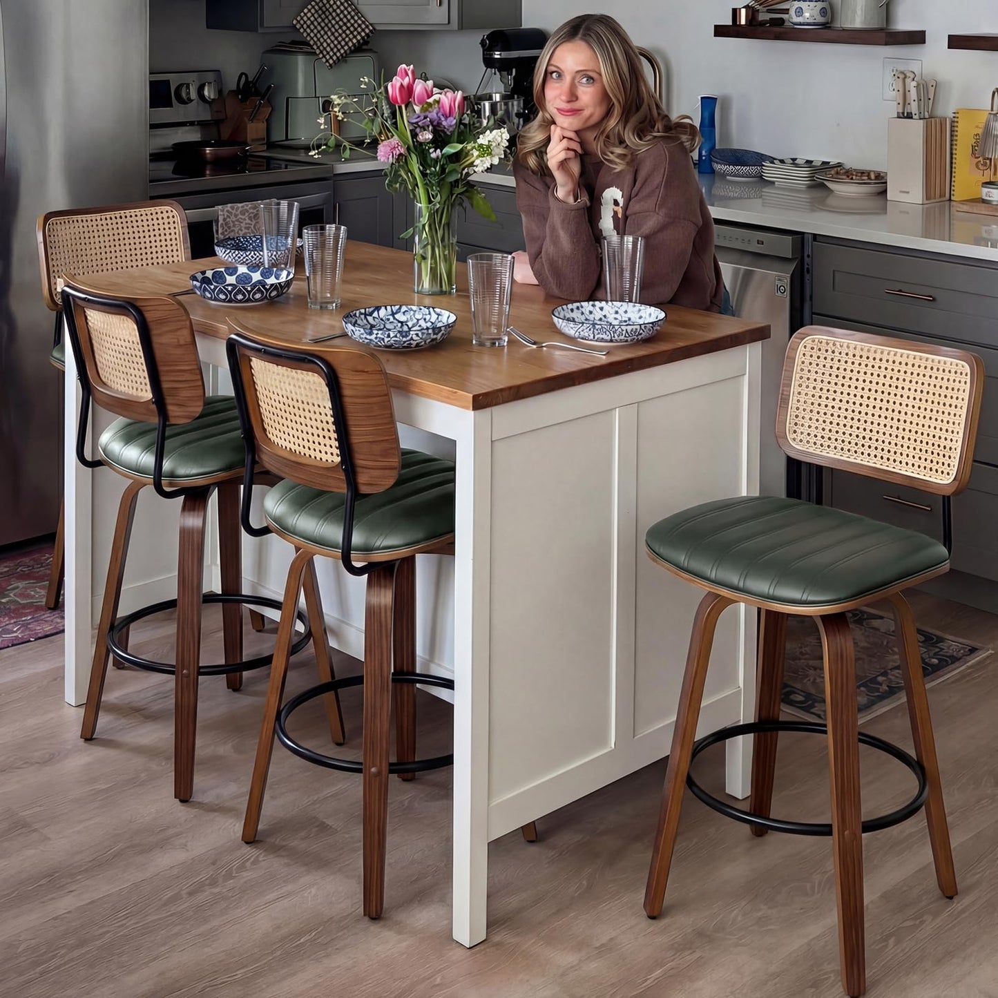 Set of 2 Swivel Bar Height Stools, 30.3 Inch Rattan Cane Back, Faux Leather Upholstered Seat, Solid Wood Frame with Walnut Finish, Metal Footrest, Mid Century Kitchen Island & Home Bar Stools, Green