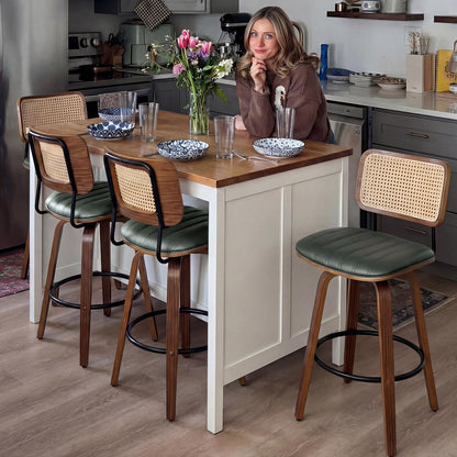 Set of 2 Swivel Bar Height Stools, 30.3 Inch Rattan Cane Back, Faux Leather Upholstered Seat, Solid Wood Frame with Walnut Finish, Metal Footrest, Mid Century Kitchen Island & Home Bar Stools, Green