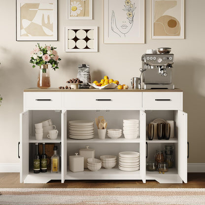 GAOMON Buffet Cabinet with Drawers, 55inch Wood Coffee Bar Large Sideboard Buffet Storage Cabinet with Shelves and Doors for Kitchen Dining Living Room,White/Rustic
