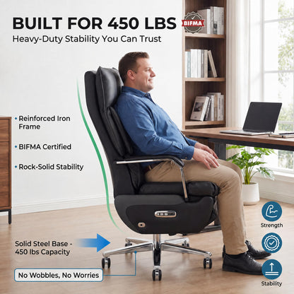 Dual Motor Executive Office Chair with Footrest, 170° Reclining Wide Seat Ergonomic Leather Desk Chair, One-Touch Reset, 450LBS Big and Tall for Home&Office (Black)
