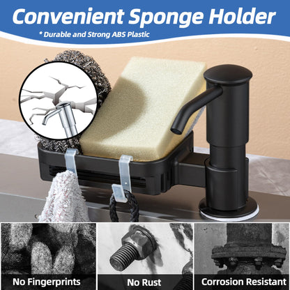 HAPPUP Soap Dispenser for Kitchen Sink, Built in Soap Dispenser Pump with Sponge Holder, Under Counter Black ABS Pump Head with 38" Extension Tube Kit, Good Suction Power (Black)