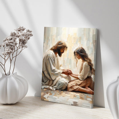 Palette Dreams Jesus And Girl Praying Painting Print Picture Wall Art ，Christian Paintings Religious Canvas Wall Decor Prayer Artwork for Living Room Bedroom Church Prayer Room Decor 12 x 16 Inch Framed