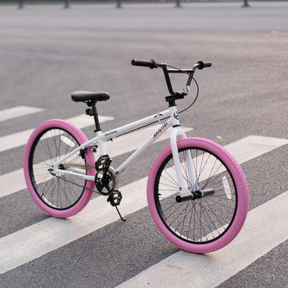 JOYSTAR 24 Inch Kids Bike Freestyle BMX Bikes for 8-12 Years Boys Girls and Beginner Riders, 24 Inch Bikes with Pink Tires, White Frame