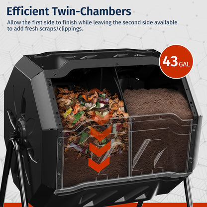 East Oak Compost Tumbler Outdoor, 43-Gal Dual Chamber Compost Bin with 2 Sliding Door and Aeration System, Tumbling Rotating Composter Bin for Kitchen, Garden, Yard