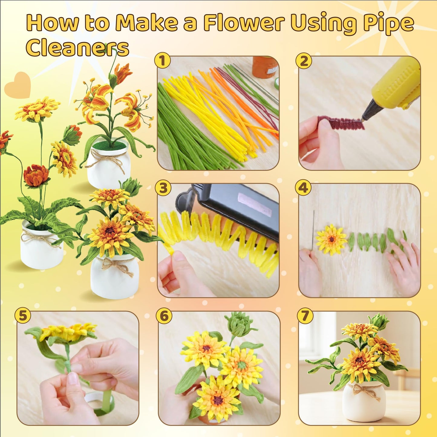 POMBUDS 430 PCS Pipe Cleaners Flower Kit, Sunflower, 6 Bright Color, with Potted Plant Accessories, Durable Chenille Stems Fuzzy Sticks Craft Supplies, Pipe Cleaner for DIY Art and Craft