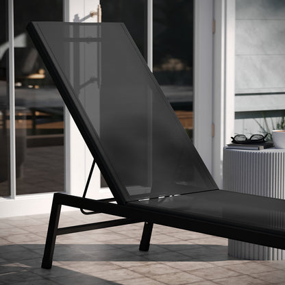 EMMA + OLIVER Braelin Adjustable Patio Chaise Lounge - Black Textilene Seat - Armless Design - 5 Recline Positions - Metal Frame - All-Weather - Set of 2